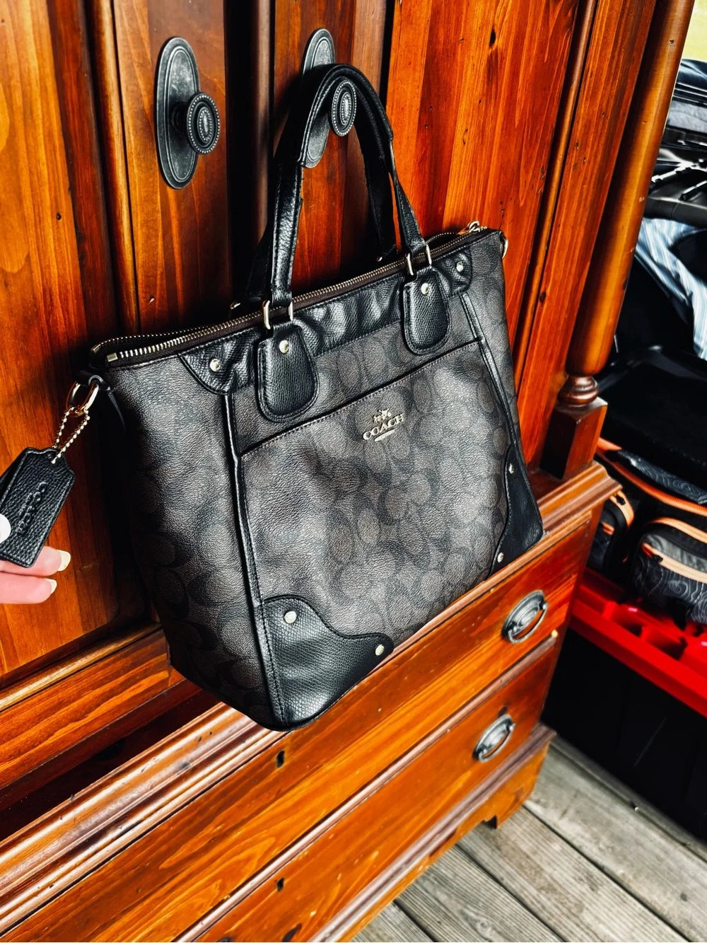 Coach Black Signature Shoulder Tote with Logo Charm